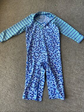 Coolibar Blue and Green Shark-Print Rashguard One-Piece